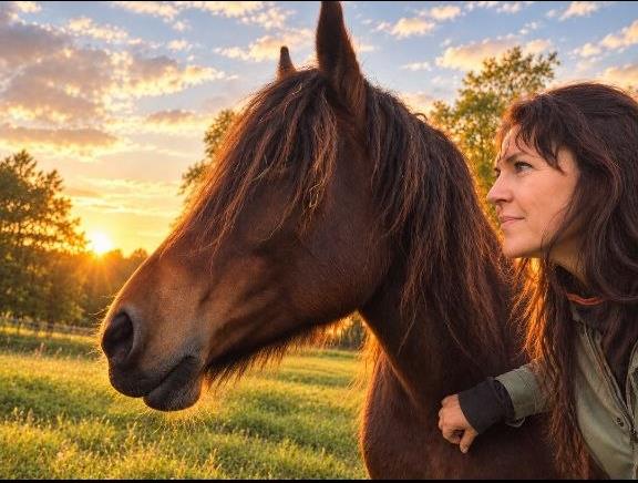 Eileen mit einem ihrer Pferde auf der Weide bei Sonnenuntergang