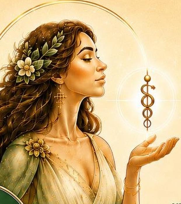 Die Eir-Figur aus dem Ei.R.-Flyer, mit goldenem Licht und Pflanzen im Haar