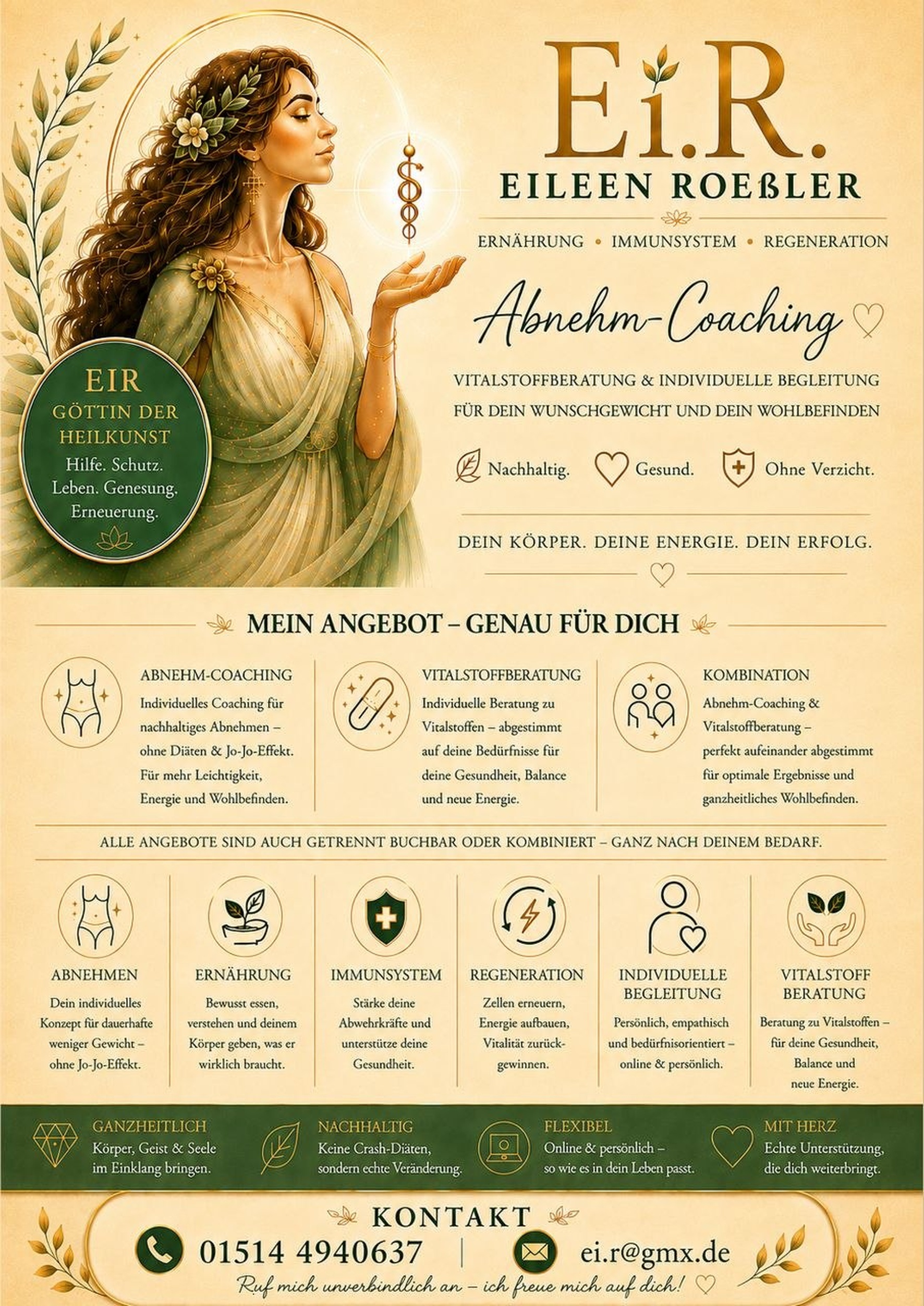 Illustration einer Frau mit Pflanzen und goldenen Details aus dem Ei.R. Flyer